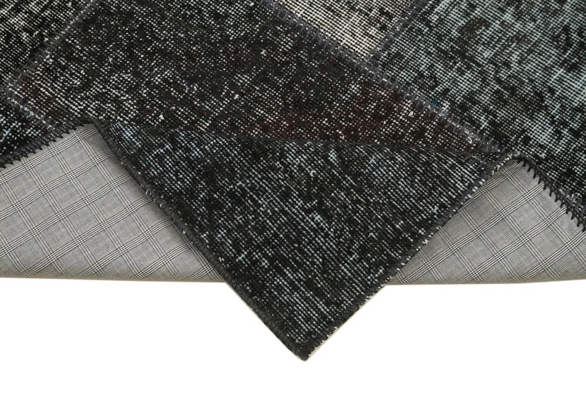 Patchwork Siyah Pamuk Üzerine Yün El Dokuma Kilim-086x300 - Görsel 6