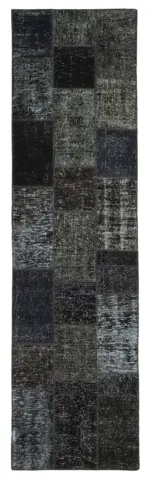 Patchwork Siyah Pamuk Üzerine Yün El Dokuma Kilim-085x309