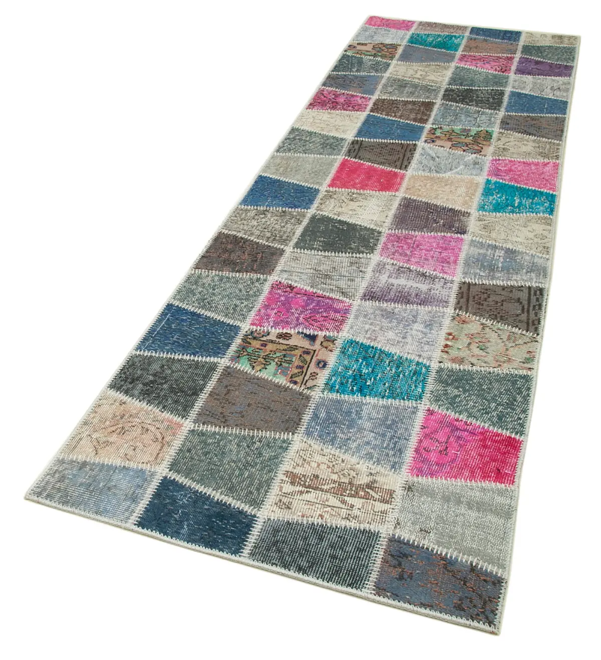 Patchwork Multi Pamuk Üzerine Yün El Dokuma Kilim-089x304 - Görsel 3