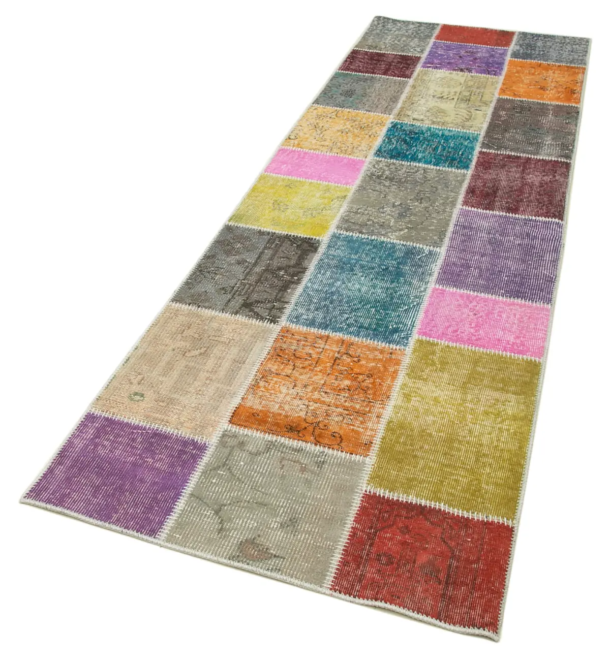 Patchwork Multi Pamuk Üzerine Yün El Dokuma Kilim-091x300 - Görsel 3