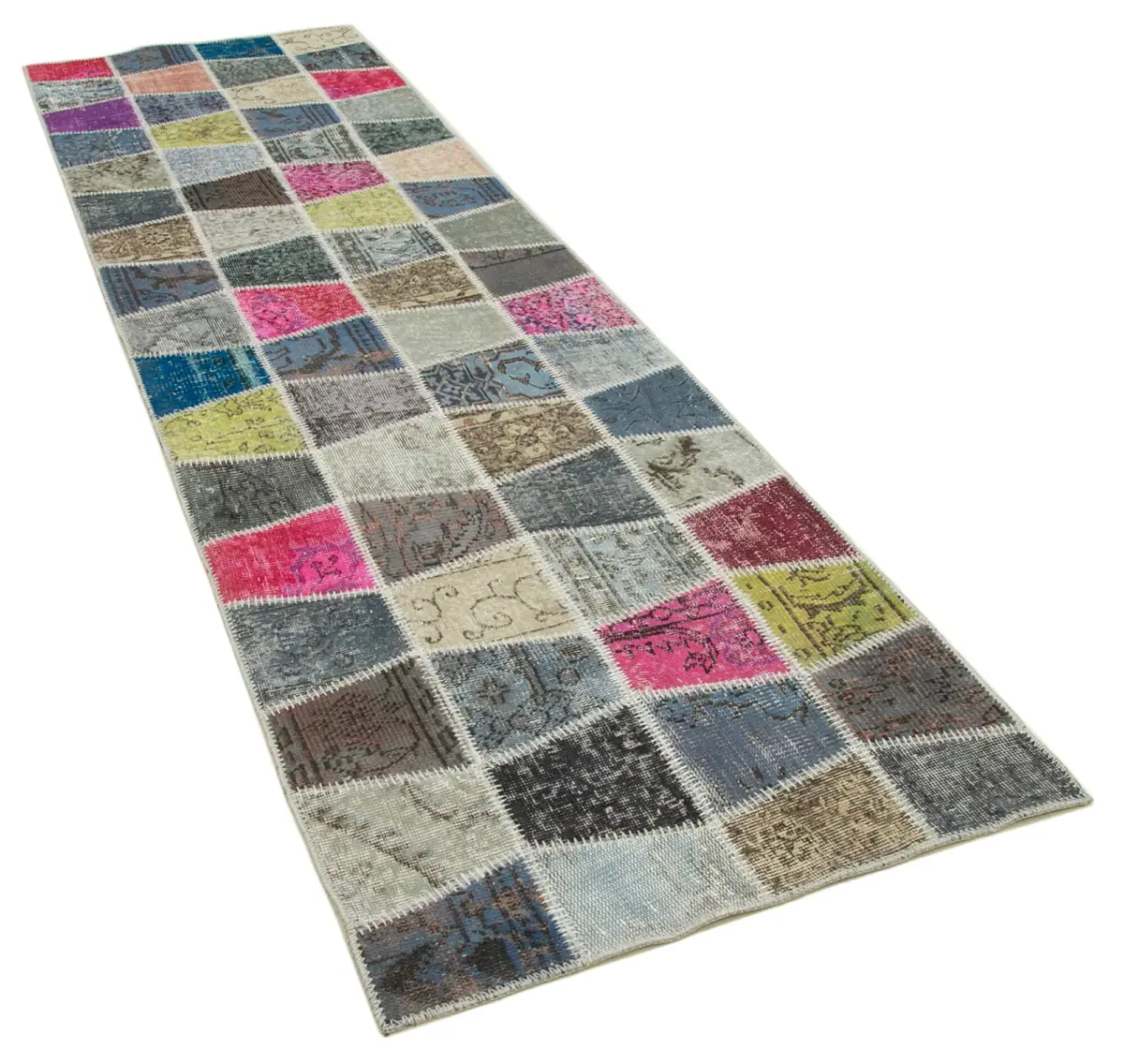 Patchwork Multi Pamuk Üzerine Yün El Dokuma Kilim-089x307 - Görsel 2