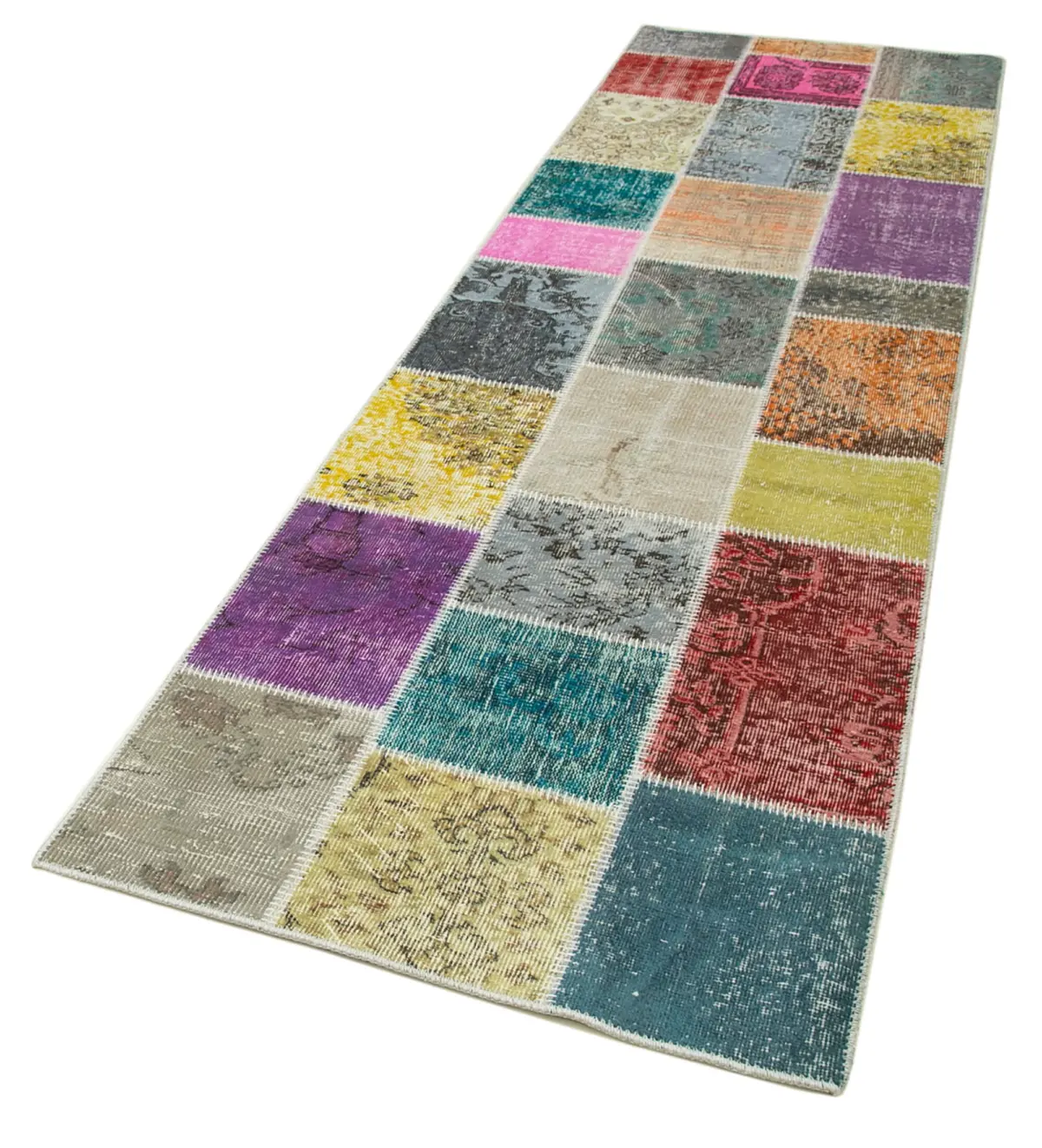 Patchwork Multi Pamuk Üzerine Yün El Dokuma Kilim-091x300 - Görsel 3