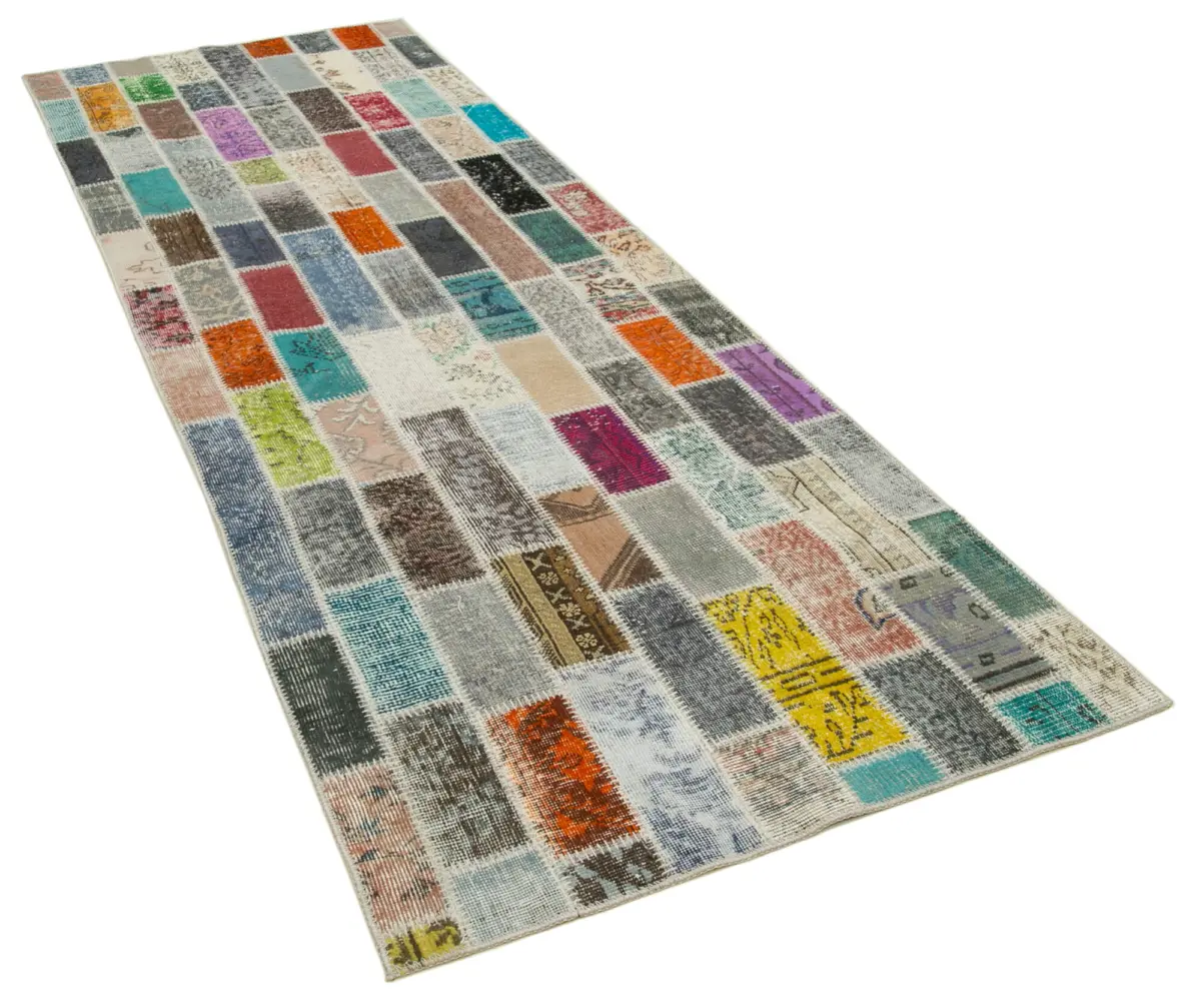 Patchwork Multi Pamuk Üzerine Yün El Dokuma Kilim-106x301 - Görsel 2