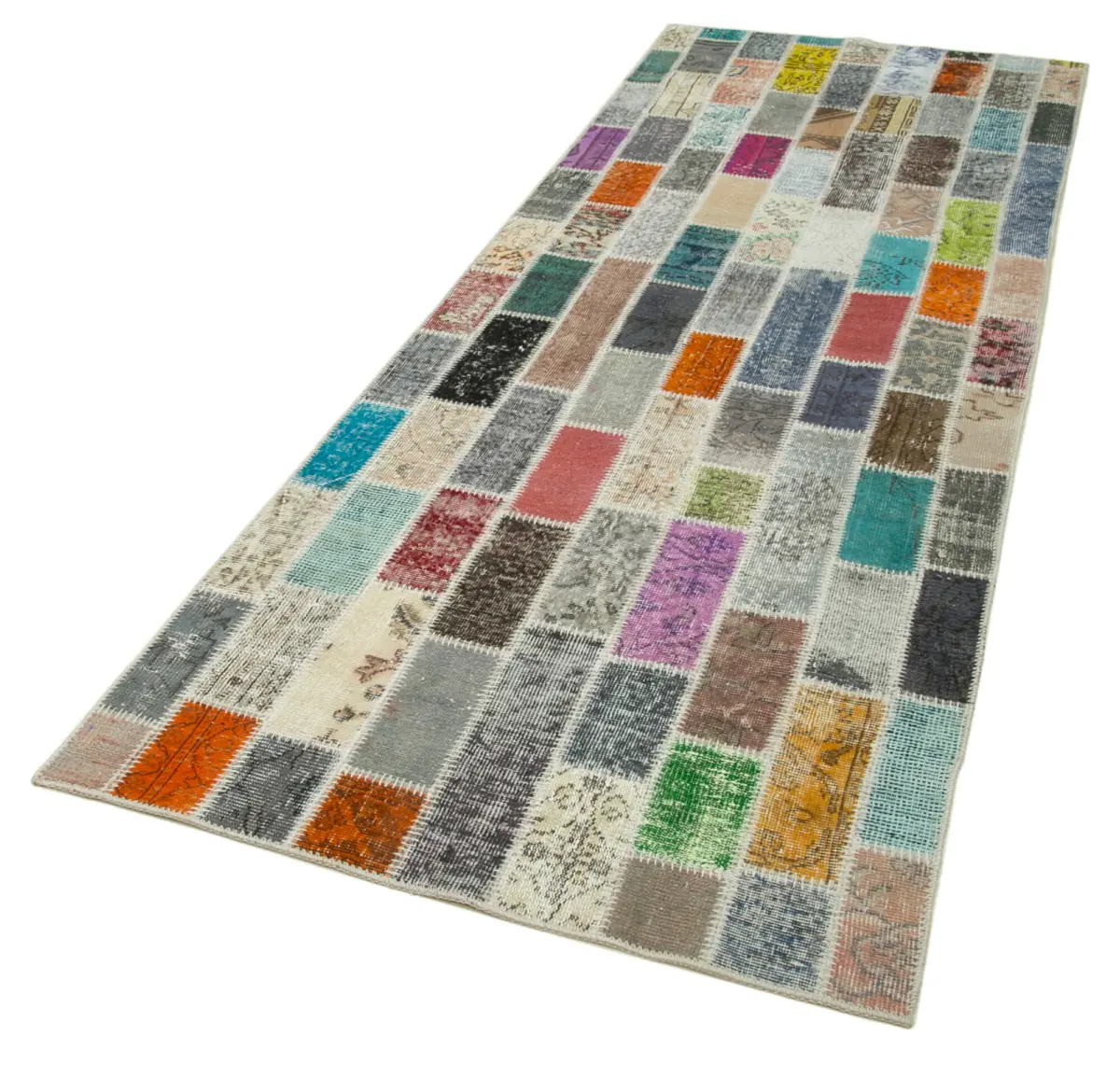Patchwork Multi Pamuk Üzerine Yün El Dokuma Kilim-106x301 - Görsel 3