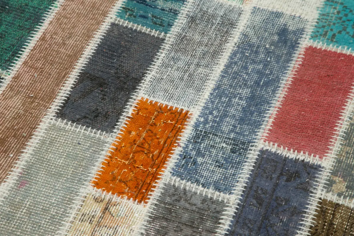 Patchwork Multi Pamuk Üzerine Yün El Dokuma Kilim-106x301 - Görsel 5