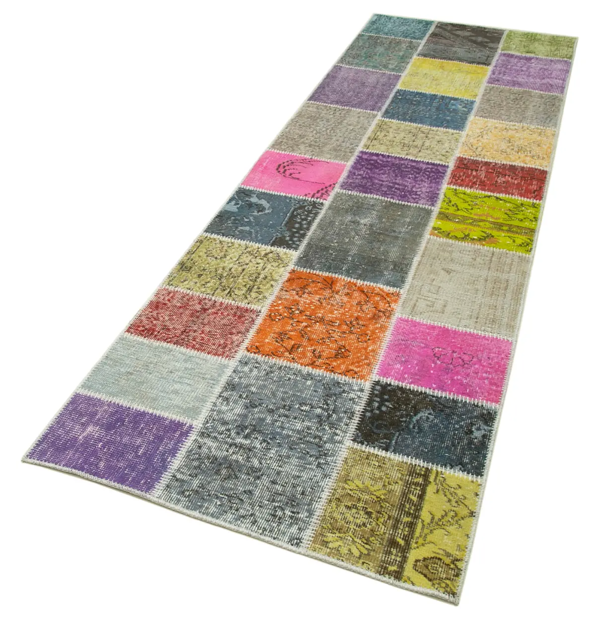 Patchwork Multi Pamuk Üzerine Yün El Dokuma Kilim-091x300 - Görsel 3