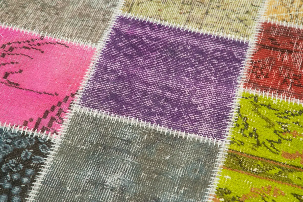 Patchwork Multi Pamuk Üzerine Yün El Dokuma Kilim-091x300 - Görsel 5