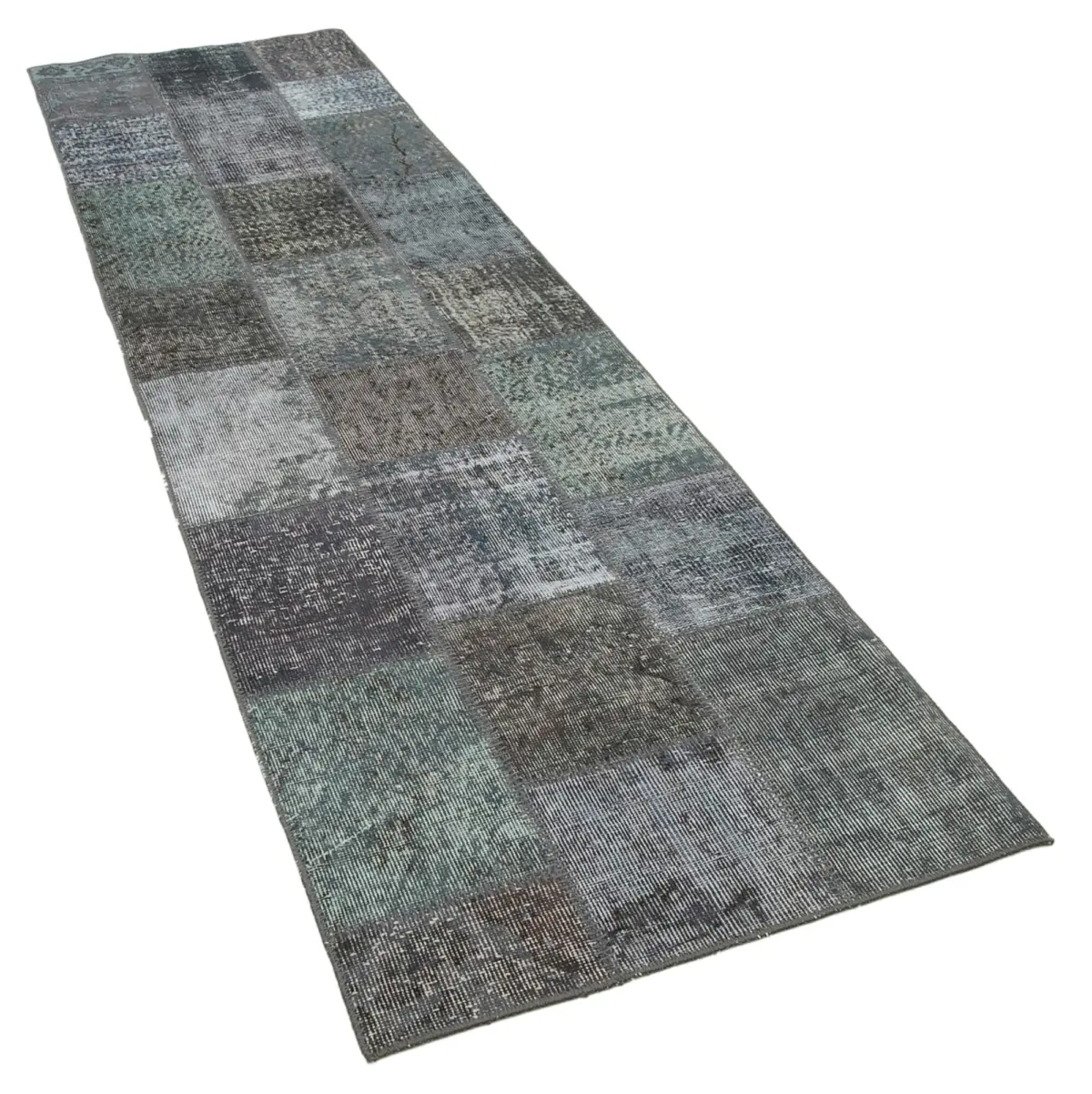 Patchwork Gri Pamuk Üzerine Yün El Dokuma Kilim-085x307 - Görsel 2