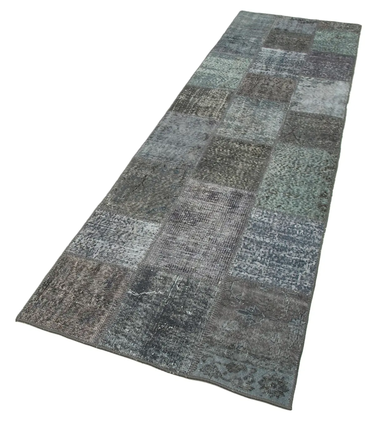 Patchwork Gri Pamuk Üzerine Yün El Dokuma Kilim-085x307 - Görsel 3