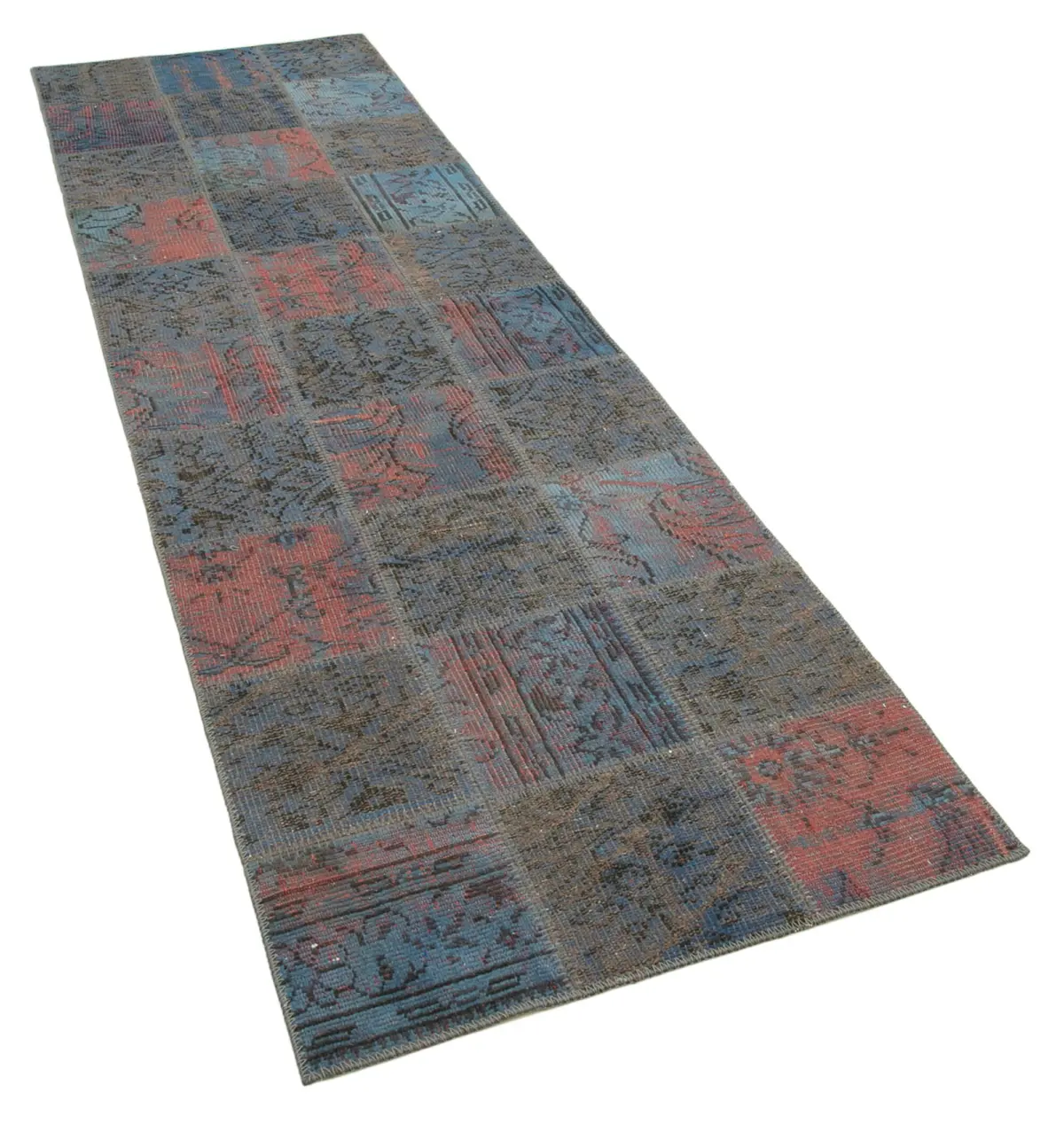 Patchwork Mavi Pamuk Üzerine Yün El Dokuma Kilim-088x300 - Görsel 2