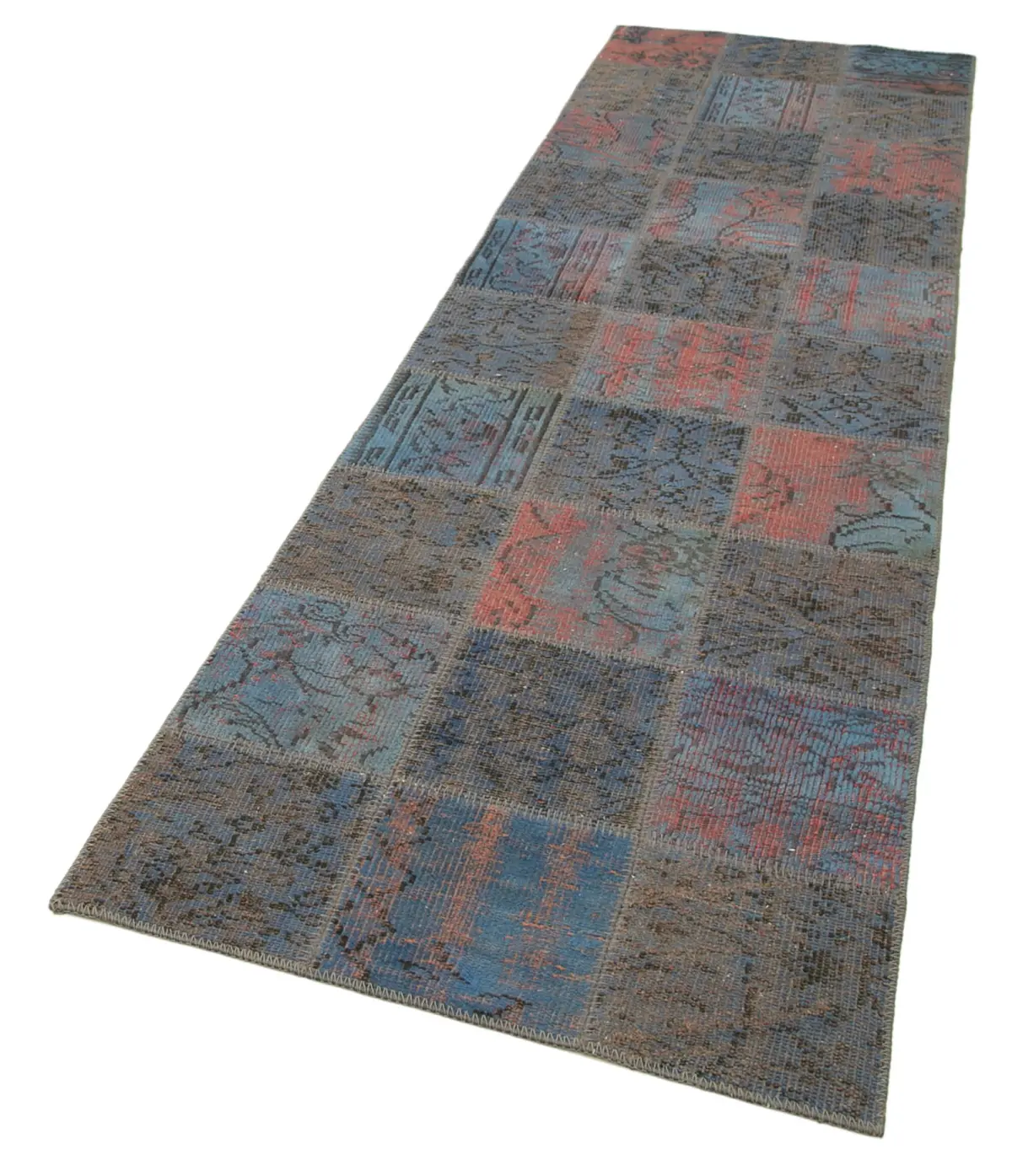 Patchwork Mavi Pamuk Üzerine Yün El Dokuma Kilim-088x300 - Görsel 3