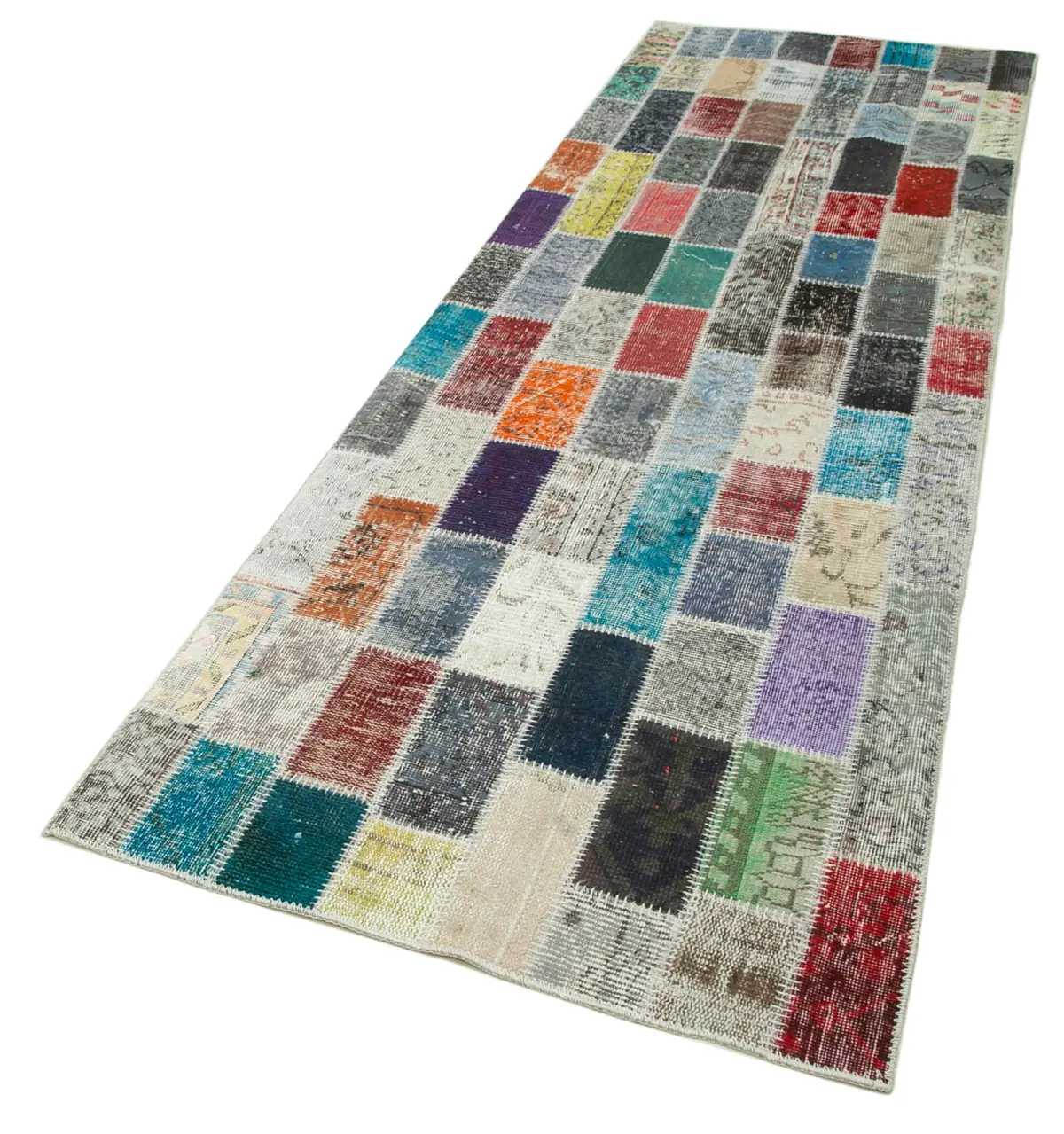 Patchwork Multi Pamuk Üzerine Yün El Dokuma Kilim-098x308 - Görsel 3