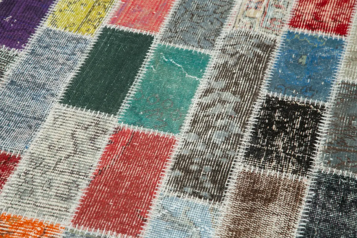 Patchwork Multi Pamuk Üzerine Yün El Dokuma Kilim-098x308 - Görsel 5