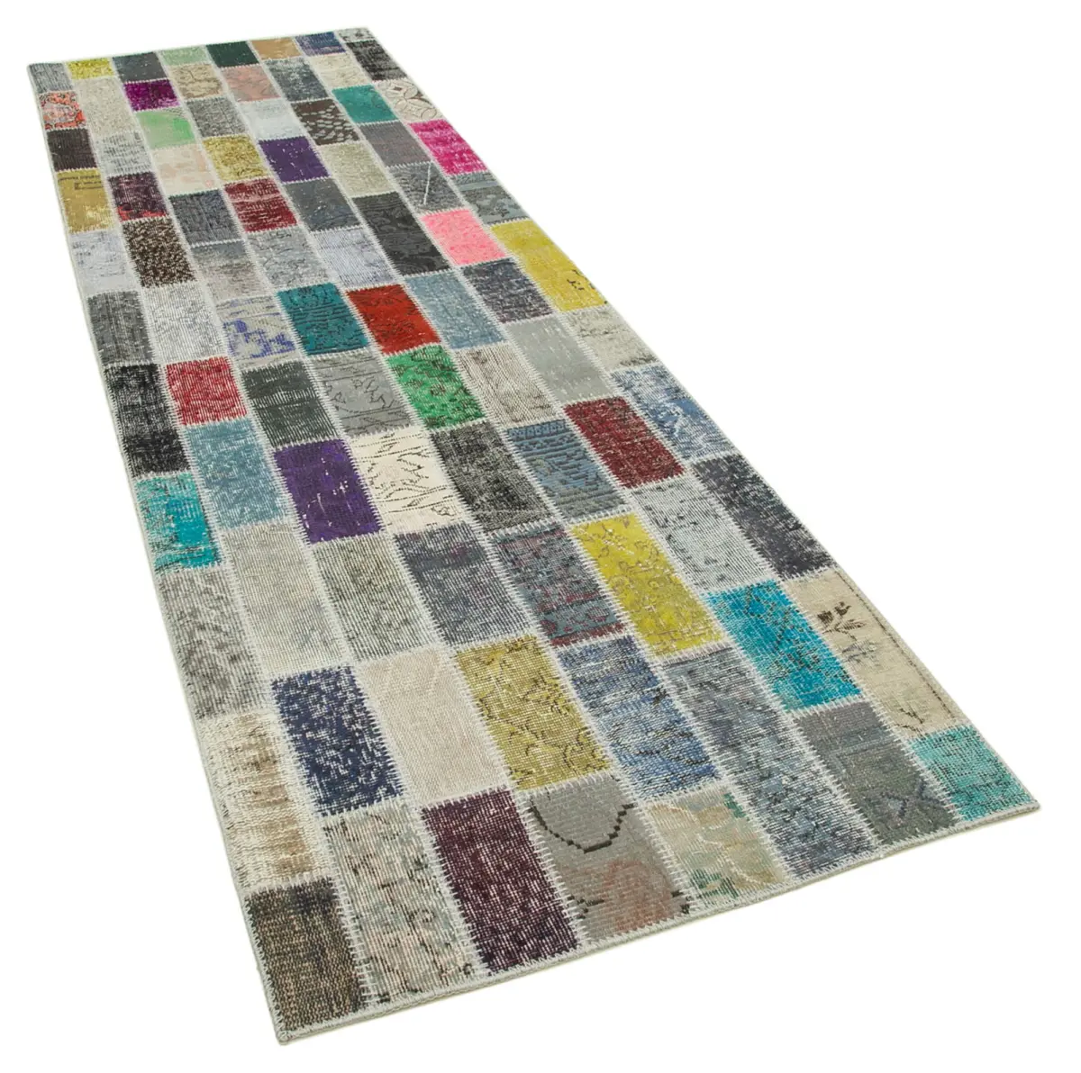 Patchwork Multi Pamuk Üzerine Yün El Dokuma Kilim-097x305 - Görsel 2