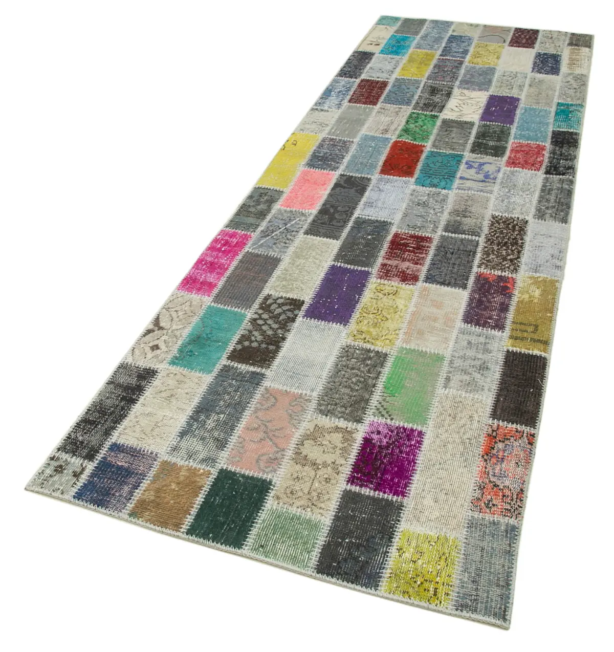Patchwork Multi Pamuk Üzerine Yün El Dokuma Kilim-097x305 - Görsel 3