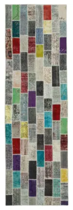 Patchwork Mavi Pamuk Üzerine Yün El Dokuma Kilim-098x314