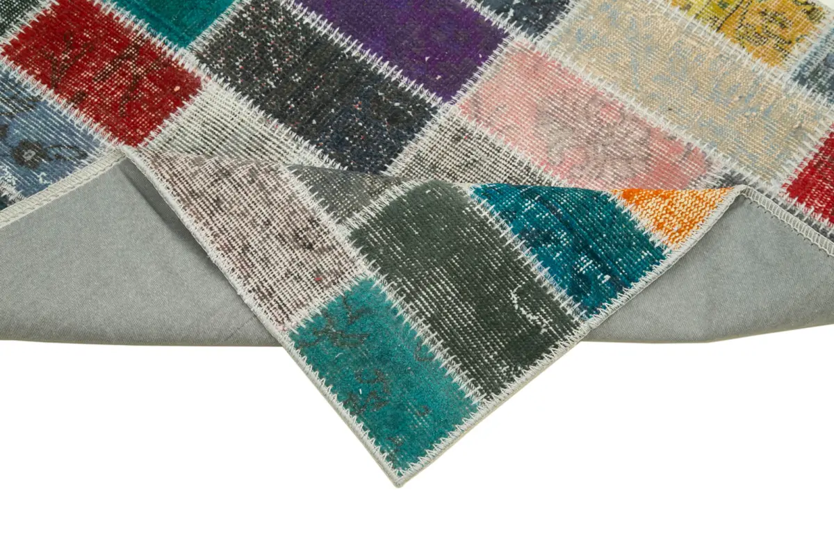 Patchwork Multi Pamuk Üzerine Yün El Dokuma Kilim-095x307 - Görsel 6