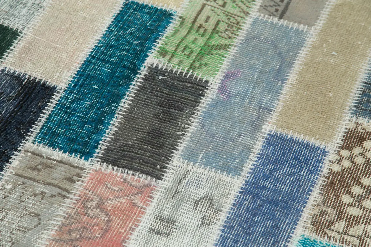 Patchwork Multi Pamuk Üzerine Yün El Dokuma Kilim-095x301 - Görsel 5