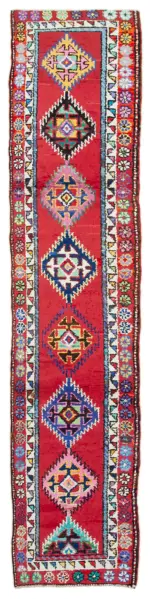 Herki Eskitme Kırmızı Pamuk Üzerine Yün El Dokuma Halı-087x395