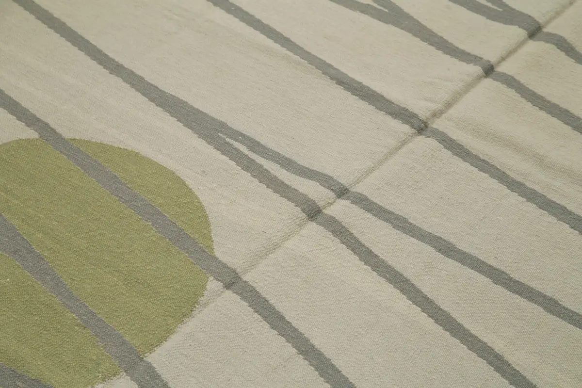 Duri Modern Yeşil Pamuk Üstü Yün El Dokuma Kilim-194x295 - Görsel 5