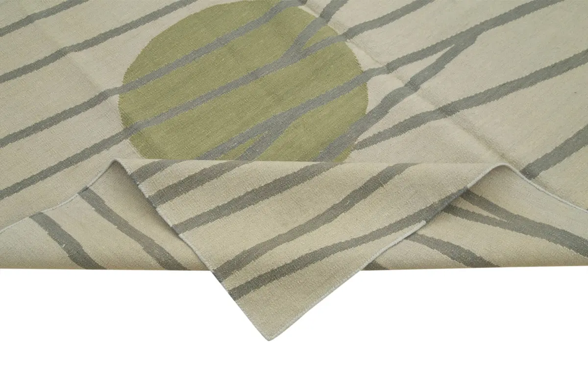 Duri Modern Yeşil Pamuk Üstü Yün El Dokuma Kilim-194x295 - Görsel 6