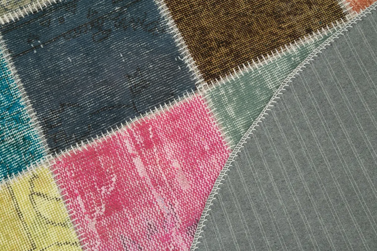 Patchwork Multi Pamuk Üzerine Yün El Dokuma Kilim-146x146 - Görsel 5