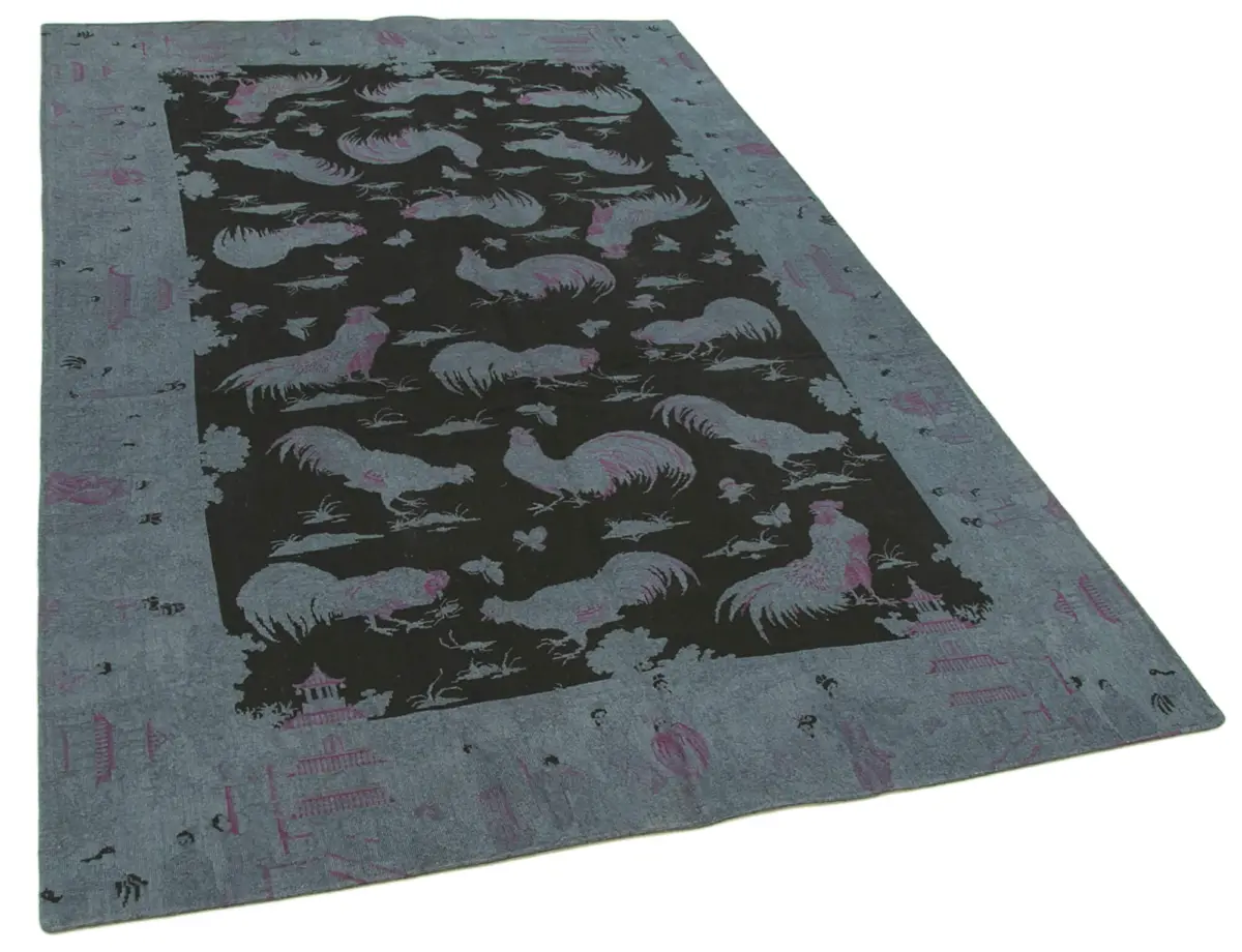 Needlepoint Gri Pamuk Üzerine Yün El Dokuma Halı-153x248 - Görsel 2