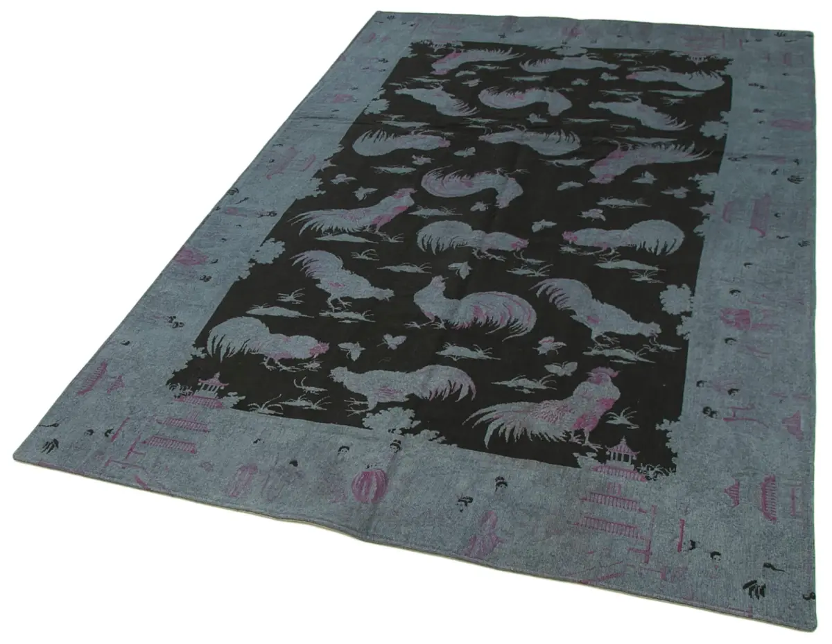 Needlepoint Gri Pamuk Üzerine Yün El Dokuma Halı-153x248 - Görsel 3