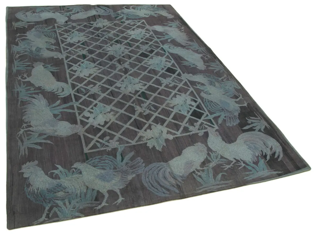 Needlepoint Gri Pamuk Üzerine Yün El Dokuma Halı-172x260 - Görsel 2