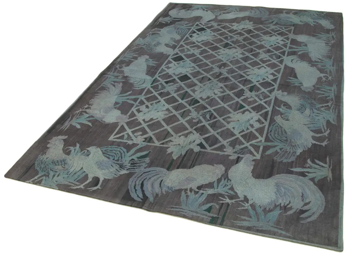 Needlepoint Gri Pamuk Üzerine Yün El Dokuma Halı-172x260 - Görsel 3