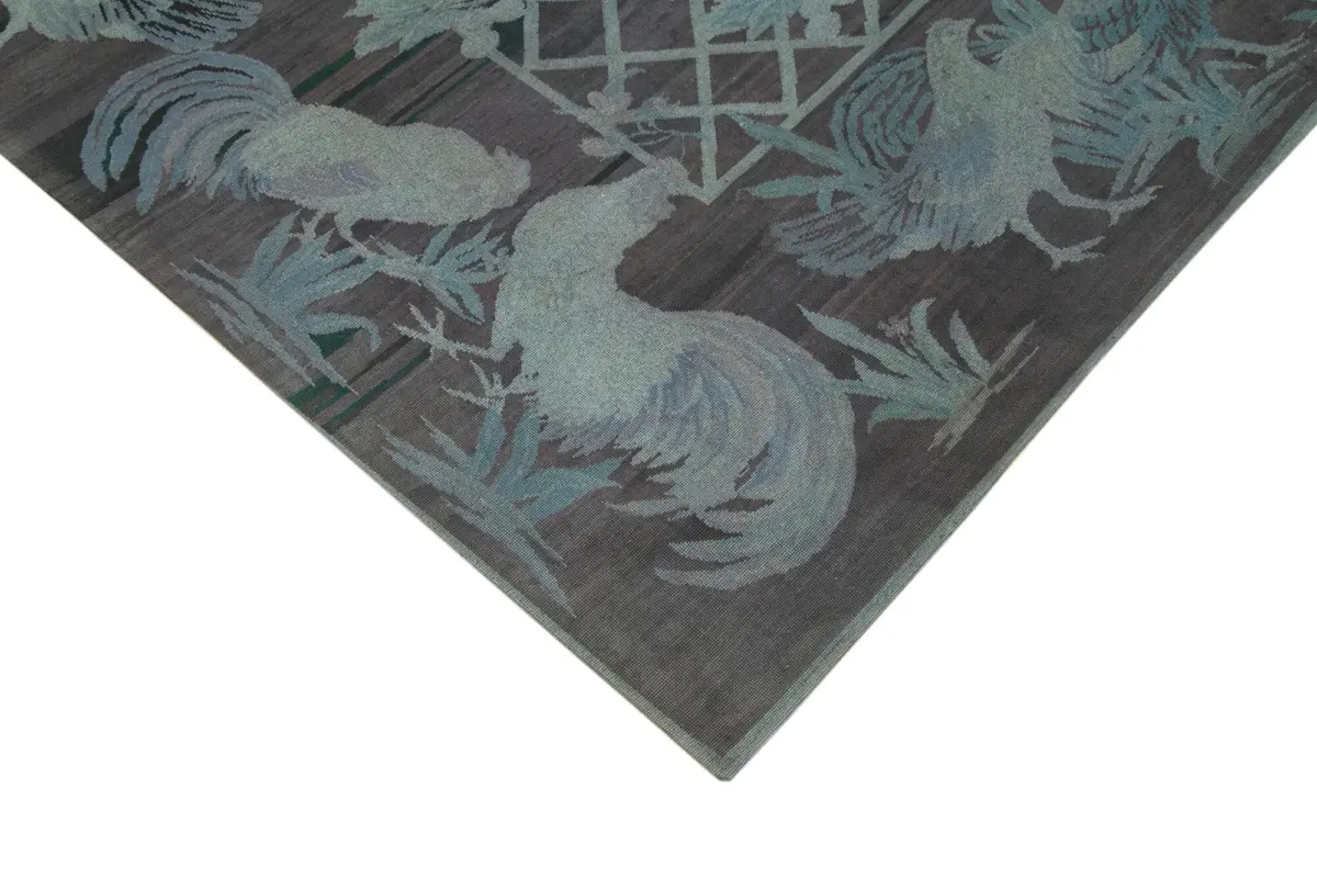 Needlepoint Gri Pamuk Üzerine Yün El Dokuma Halı-172x260 - Görsel 4