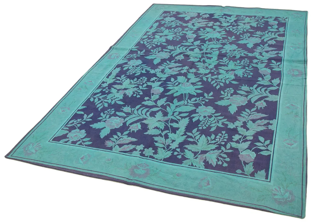 Needlepoint Turkuaz Pamuk Üzerine Yün El Dokuma Halı-165x254 - Görsel 3