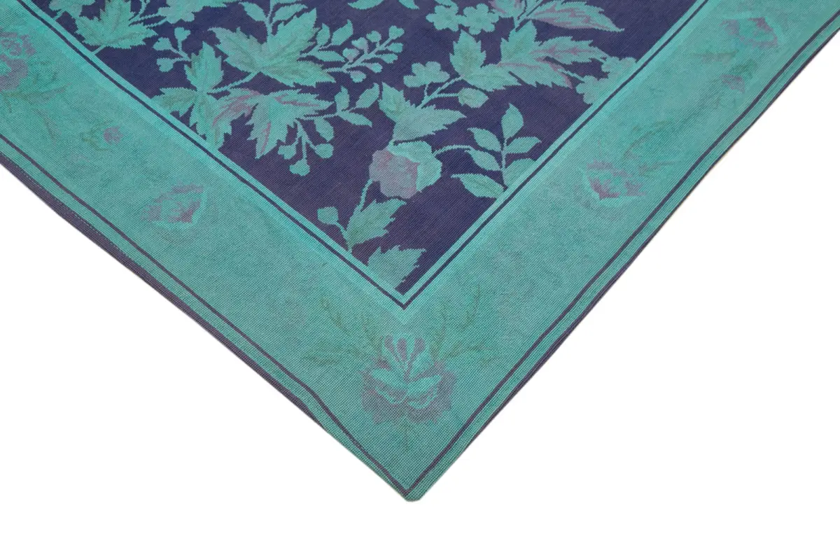 Needlepoint Turkuaz Pamuk Üzerine Yün El Dokuma Halı-165x254 - Görsel 4