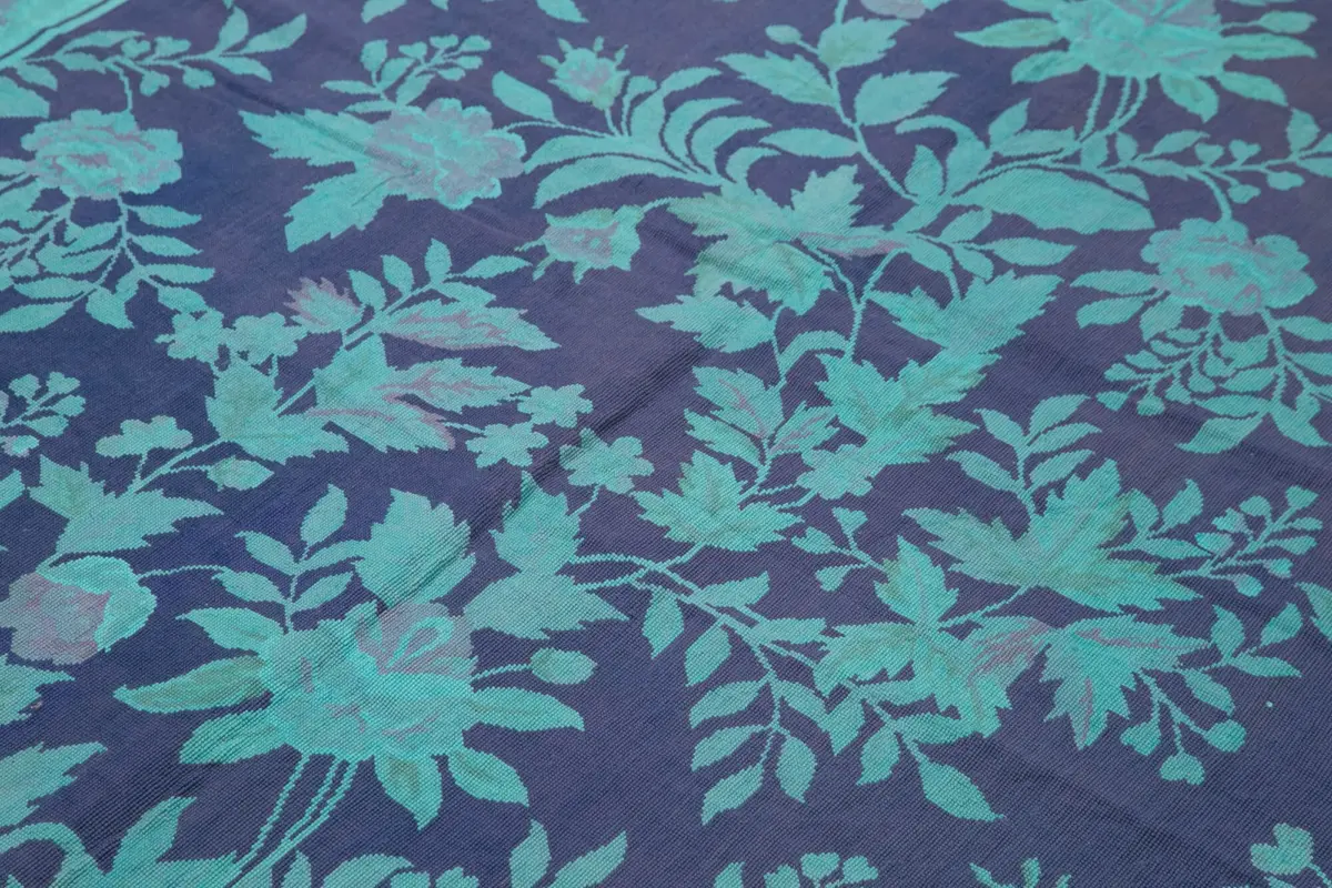 Needlepoint Turkuaz Pamuk Üzerine Yün El Dokuma Halı-165x254 - Görsel 5