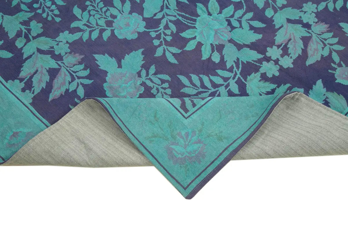Needlepoint Turkuaz Pamuk Üzerine Yün El Dokuma Halı-165x254 - Görsel 6