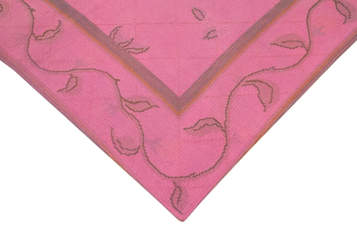Needlepoint Pembe Pamuk Üzerine Yün El Dokuma Halı-162x255 - Görsel 4