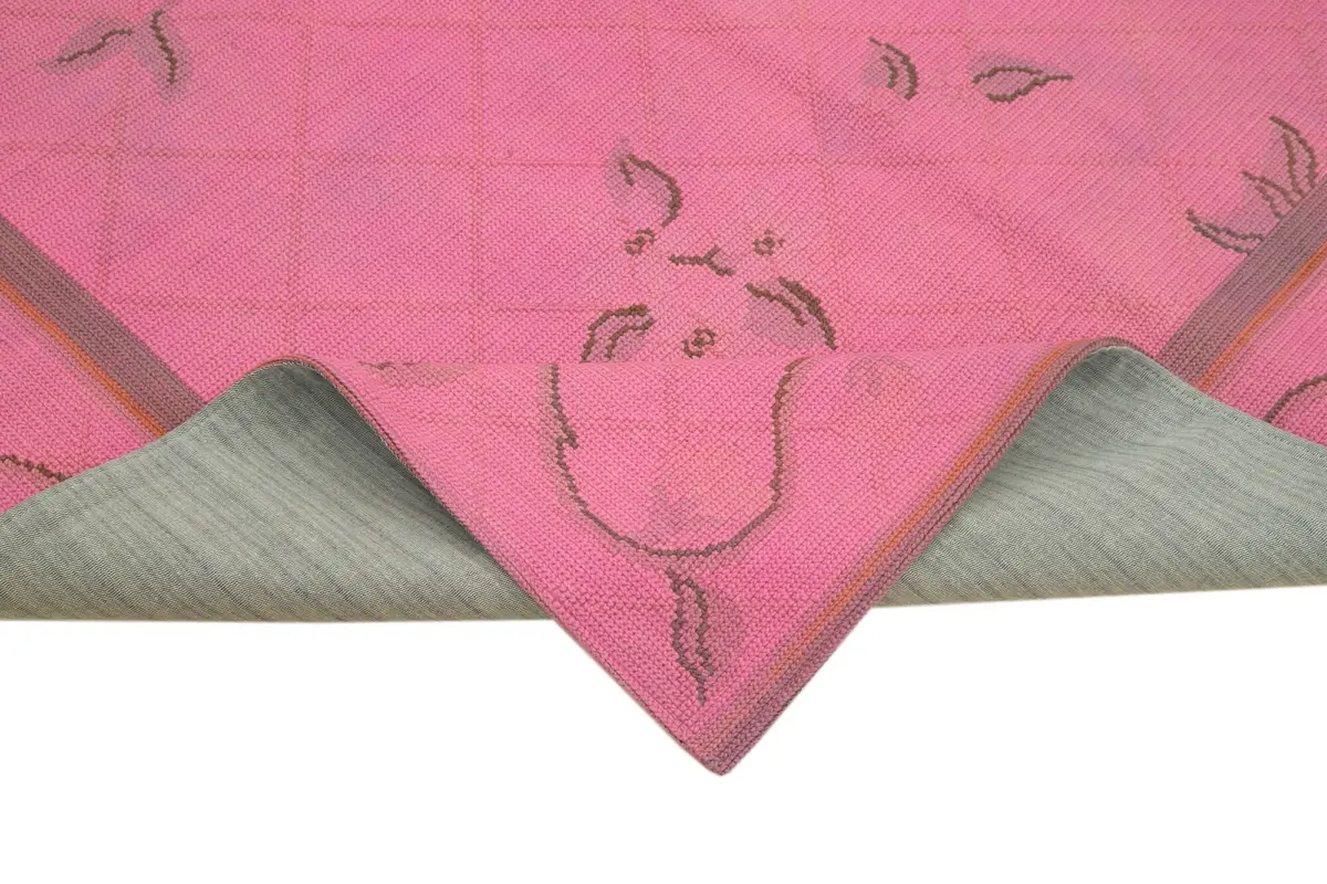 Needlepoint Pembe Pamuk Üzerine Yün El Dokuma Halı-162x255 - Görsel 6