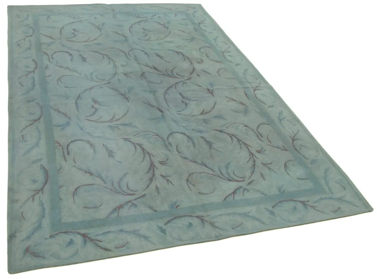 Needlepoint Mavi Pamuk Üzerine Yün El Dokuma Halı-163x253 - Görsel 2