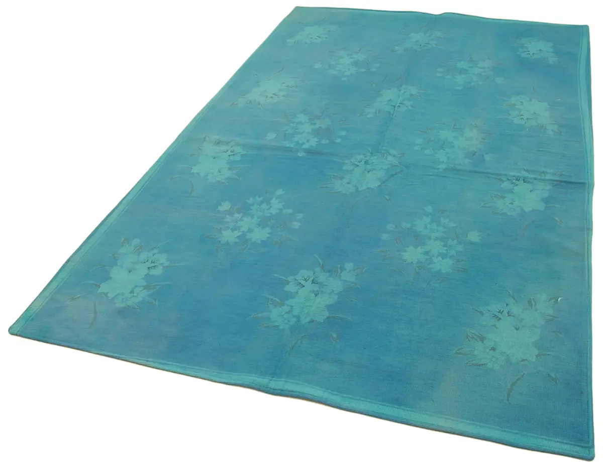 Needlepoint Mavi Pamuk Üzerine Yün El Dokuma Halı-154x255 - Görsel 3