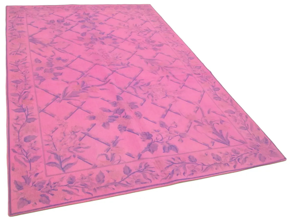 Needlepoint Pembe Pamuk Üzerine Yün El Dokuma Halı-166x261 - Görsel 2