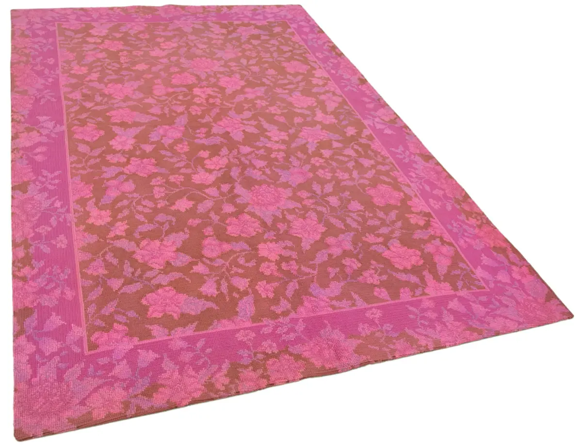 Needlepoint Pembe Pamuk Üzerine Yün El Dokuma Halı-166x254 - Görsel 2