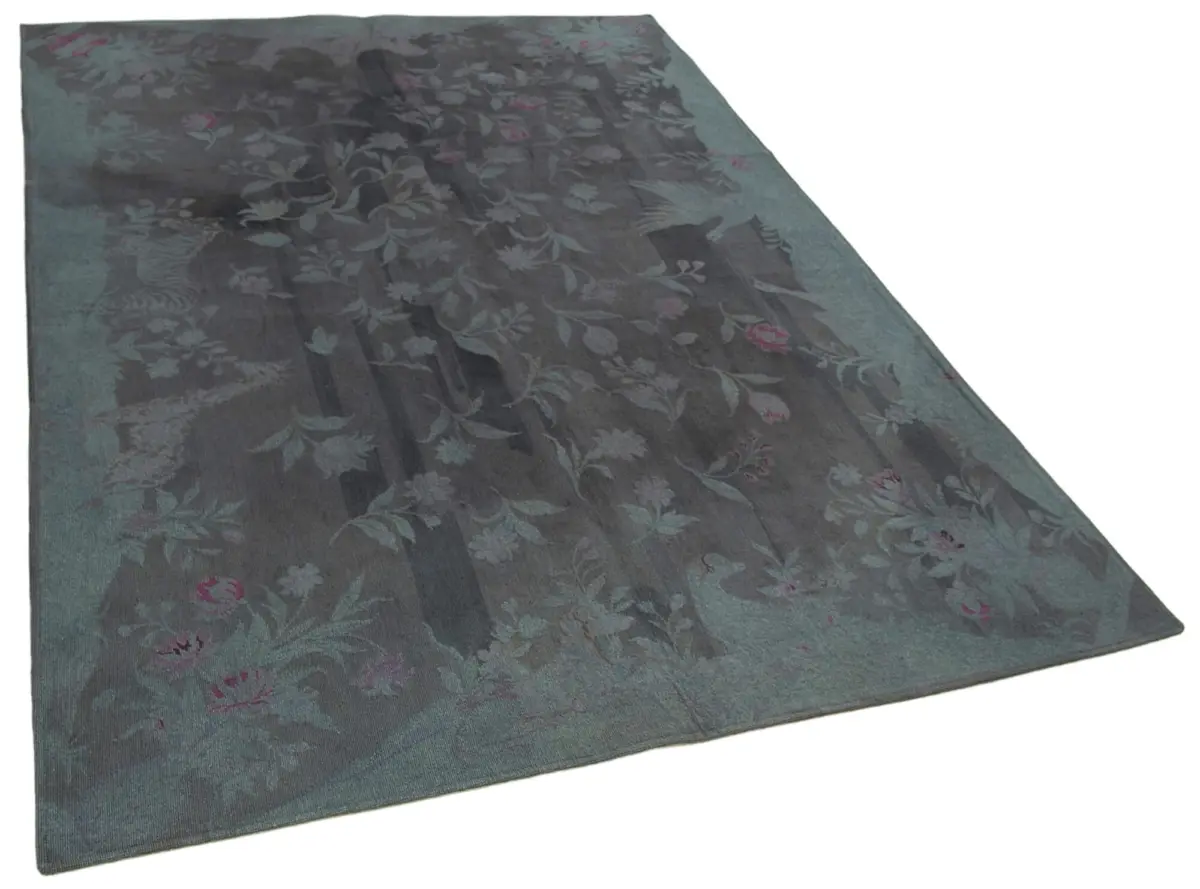 Needlepoint Gri Pamuk Üzerine Yün El Dokuma Halı-163x244 - Görsel 2