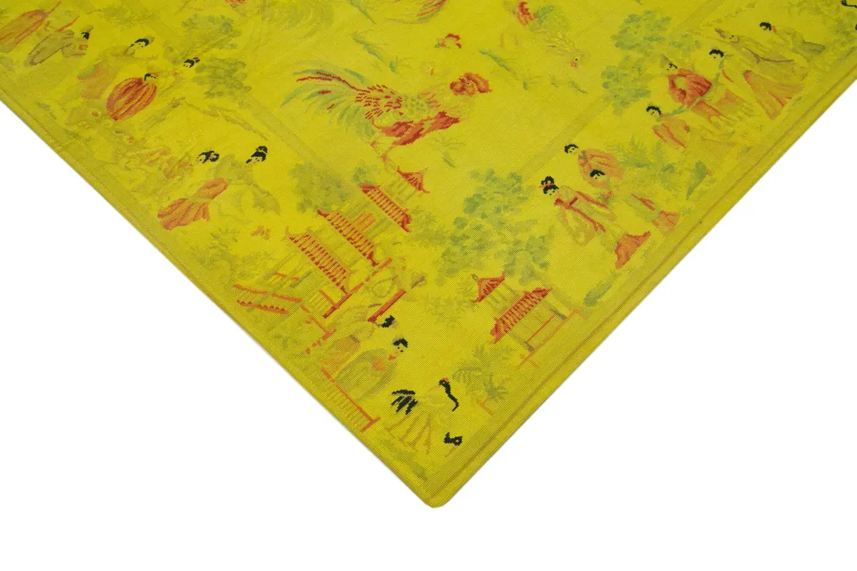 Needlepoint Sarı Pamuk Üzerine Yün El Dokuma Halı-163x257 - Görsel 4