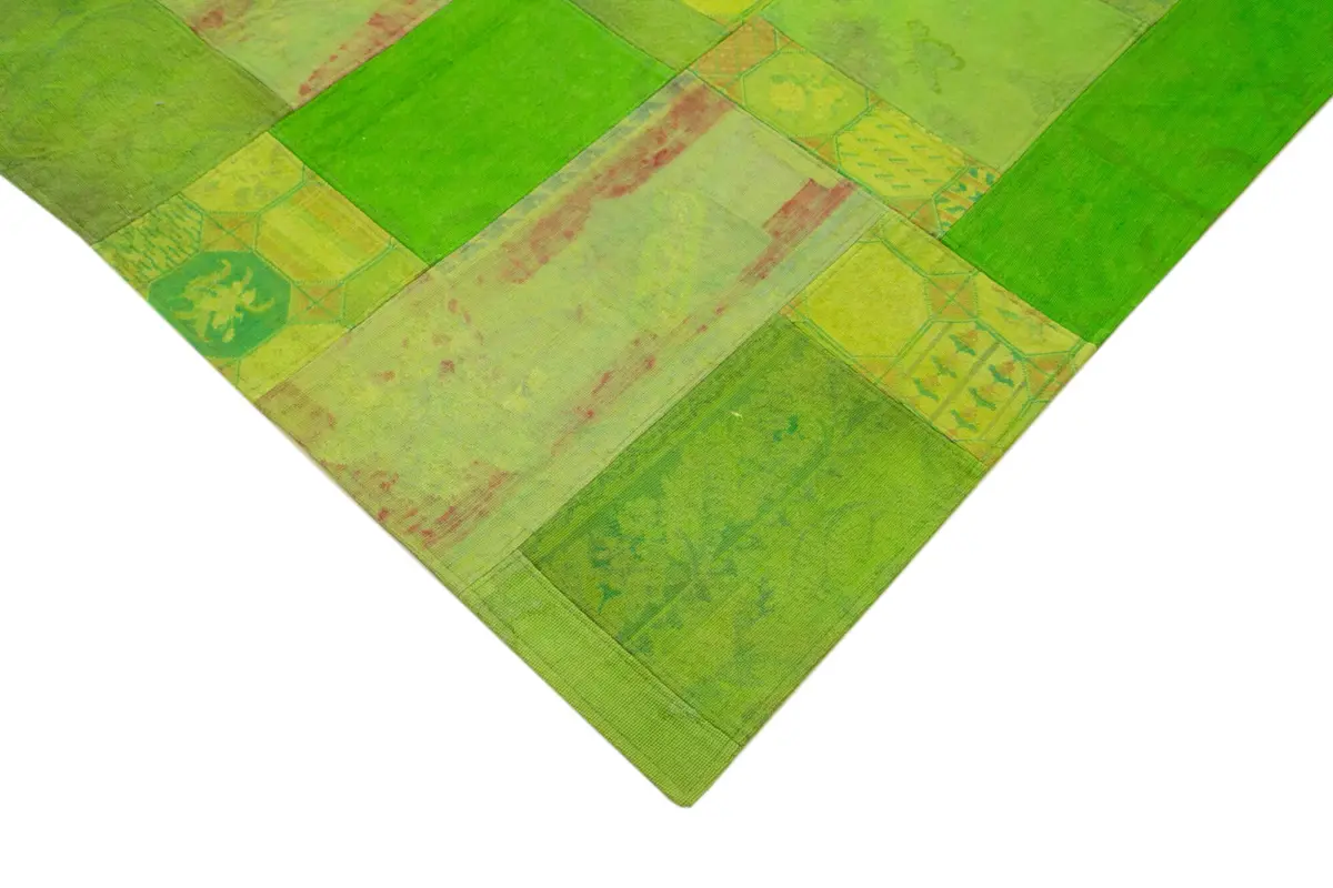 Needlepoint Yeşil Pamuk Üzerine Yün El Dokuma Halı-201x301 - Görsel 4