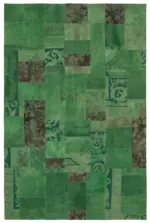 Needlepoint Yeşil Pamuk Üzerine Yün El Dokuma Halı-201x303