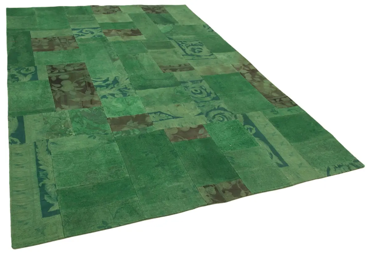 Needlepoint Yeşil Pamuk Üzerine Yün El Dokuma Halı-201x303 - Görsel 2