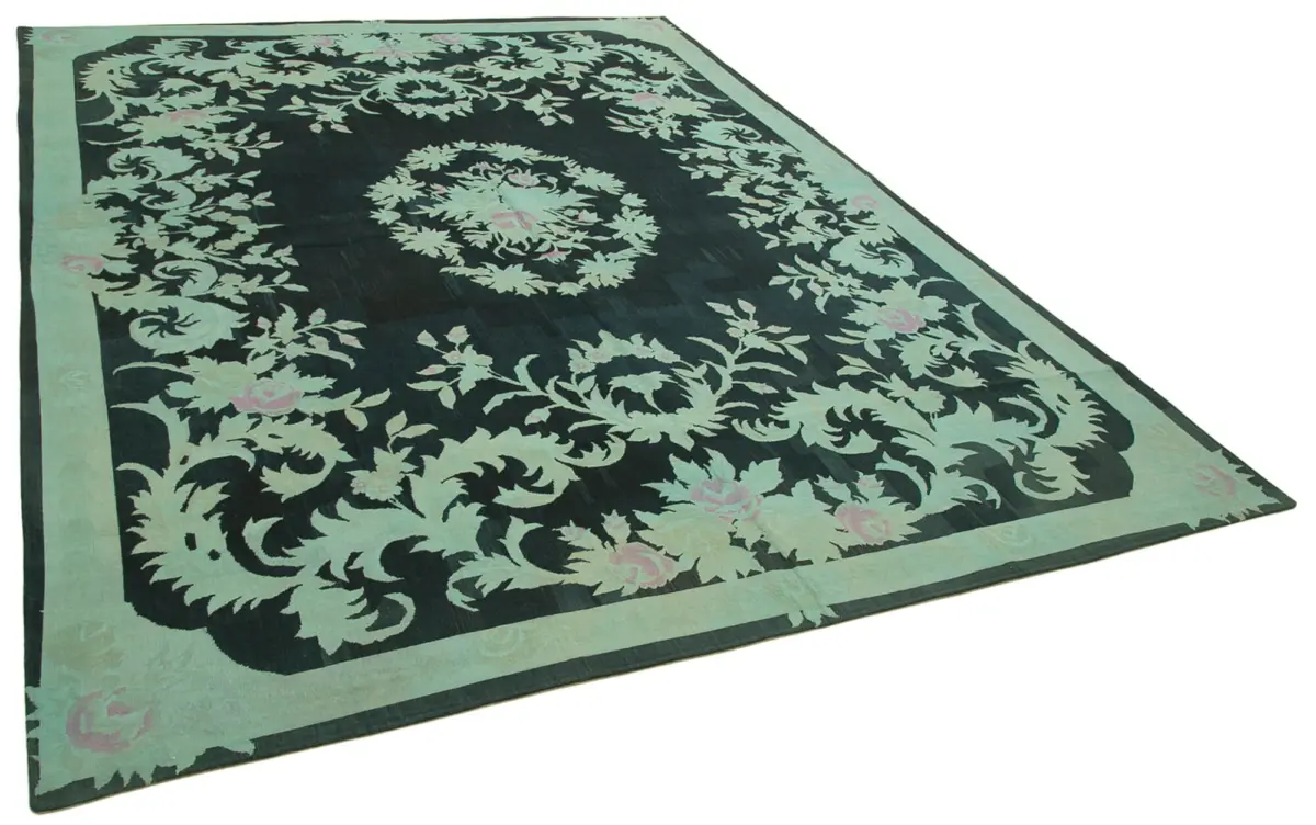 Needlepoint Turkuaz Pamuk Üzerine Yün El Dokuma Halı-237x321 - Görsel 2