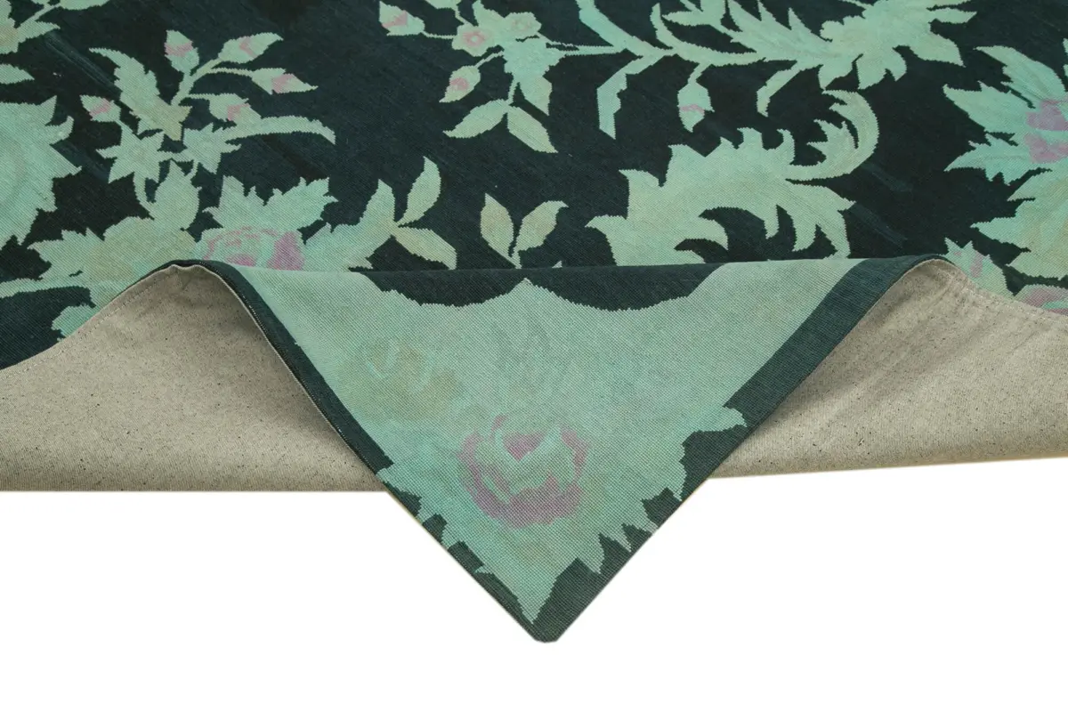 Needlepoint Turkuaz Pamuk Üzerine Yün El Dokuma Halı-237x321 - Görsel 6