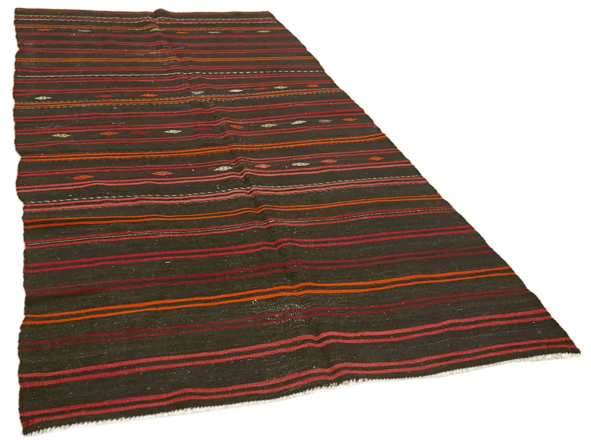 Kıl Çizgili Siyah Keçi Kılı İpliğinden El Dokuma Kilim-167x353 - Görsel 2