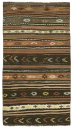 Kıl Çizgili Kahverengi Keçi Kılı İpliğinden El Dokuma Kilim-138x247